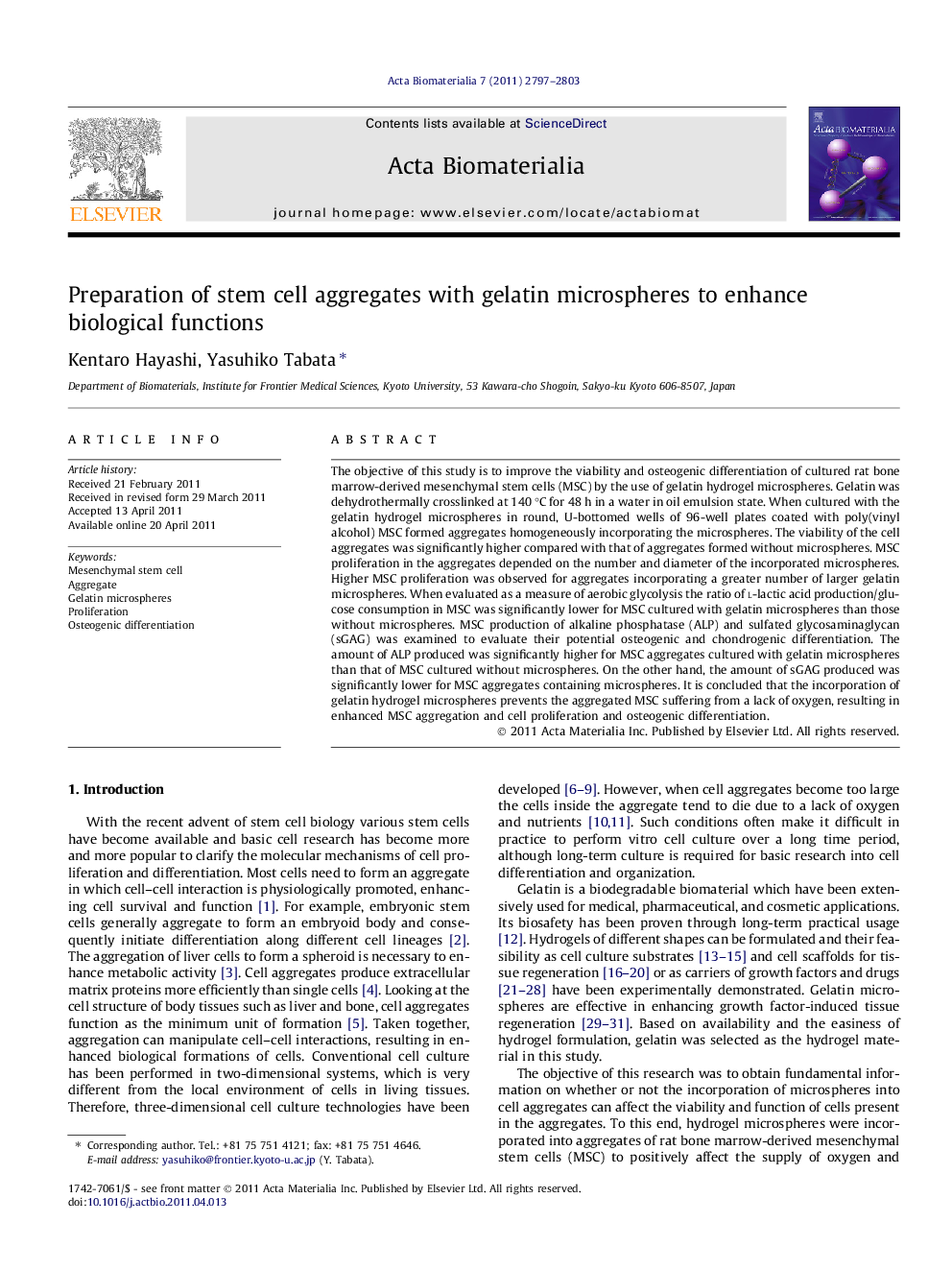 Preparation of stem cell aggregates with gelatin microspheres to enhance biological functions