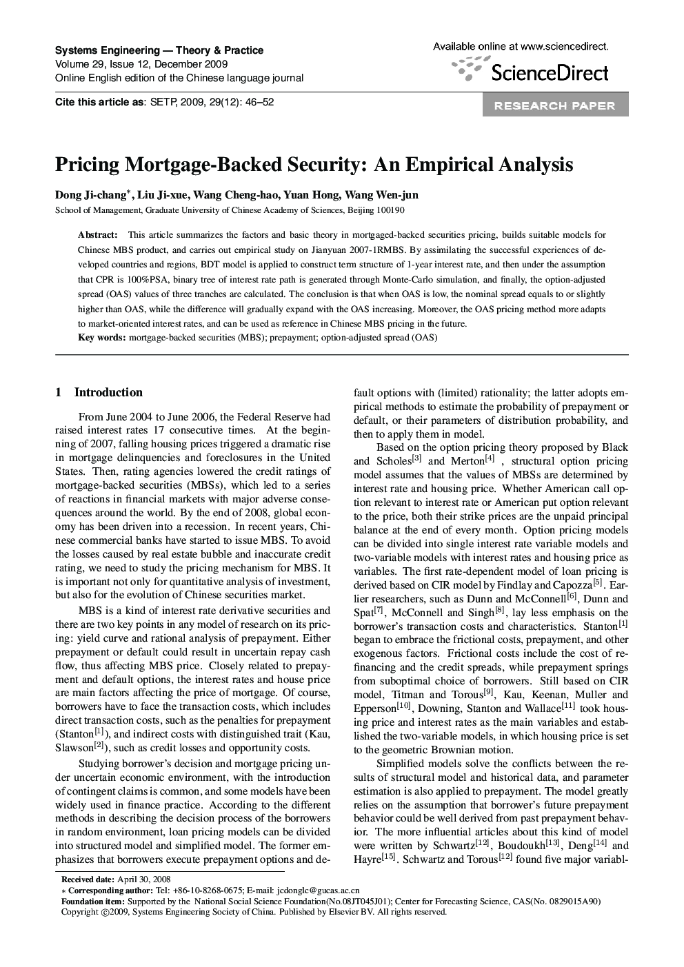 Pricing Mortgage-Backed Security: An Empirical Analysis 