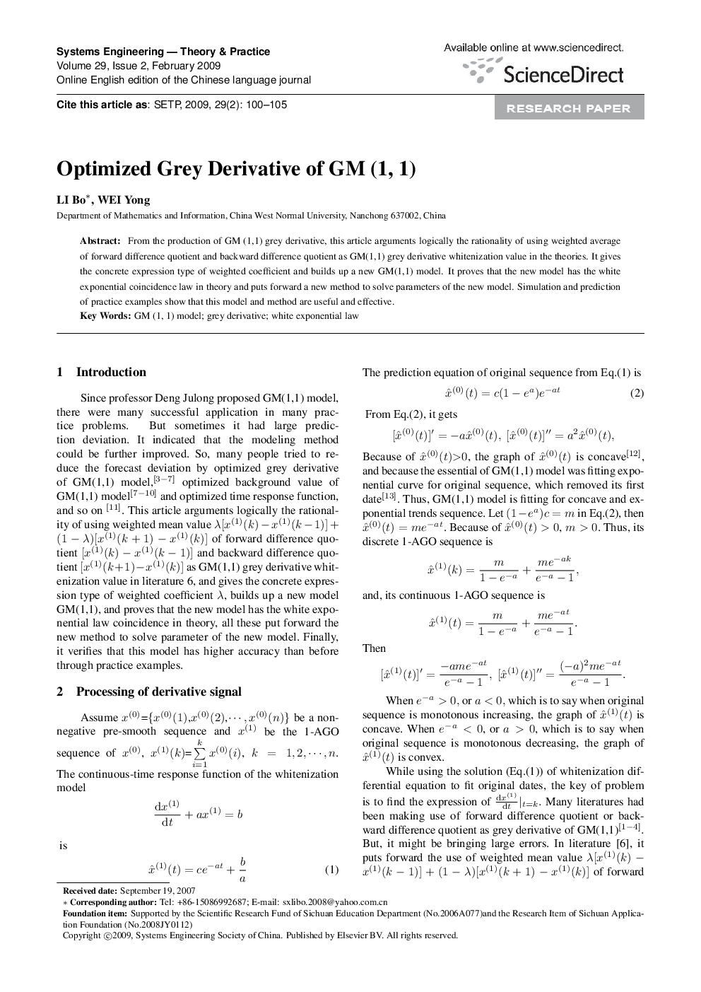 Optimized Grey Derivative of GM (1, 1) 