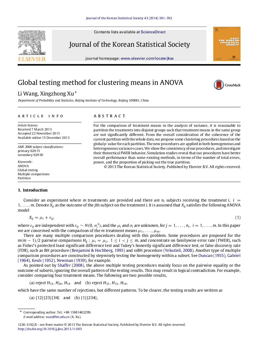 Global testing method for clustering means in ANOVA