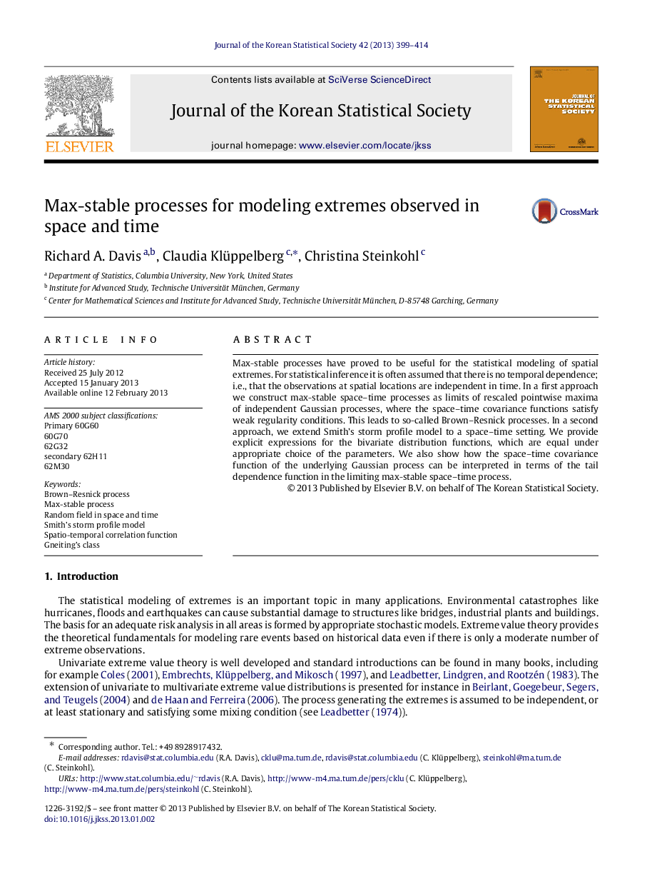 Max-stable processes for modeling extremes observed in space and time