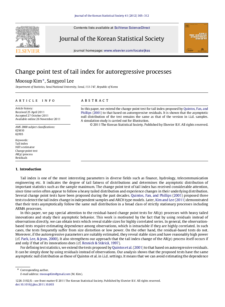 عکس صفحه اول مقاله: Change point test of tail index for autoregressive processes Change point test of tail index for autoregressive processes