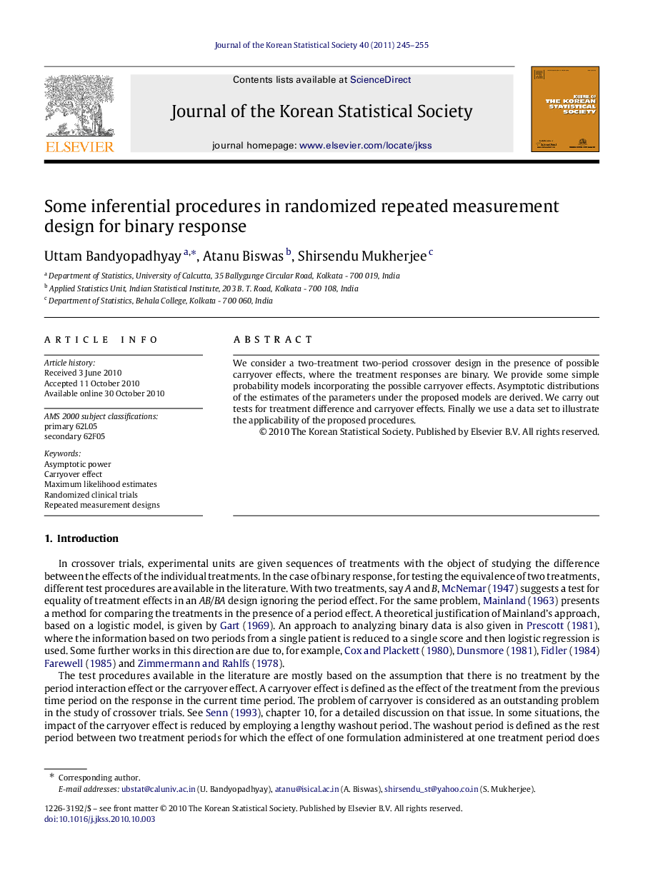 Some inferential procedures in randomized repeated measurement design for binary response