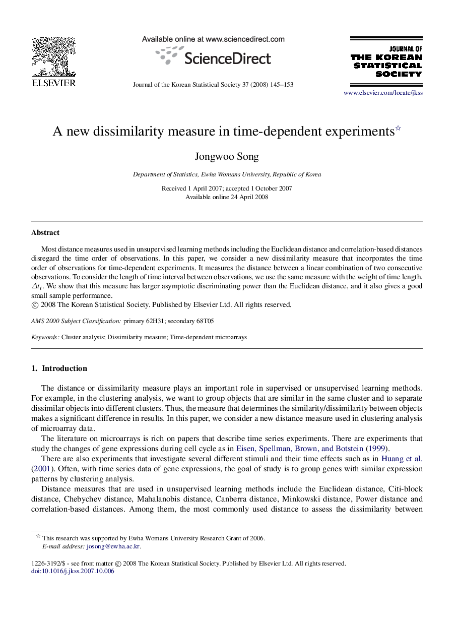 A new dissimilarity measure in time-dependent experiments