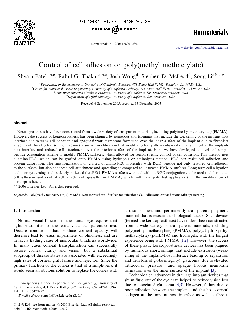 Control of cell adhesion on poly(methyl methacrylate)