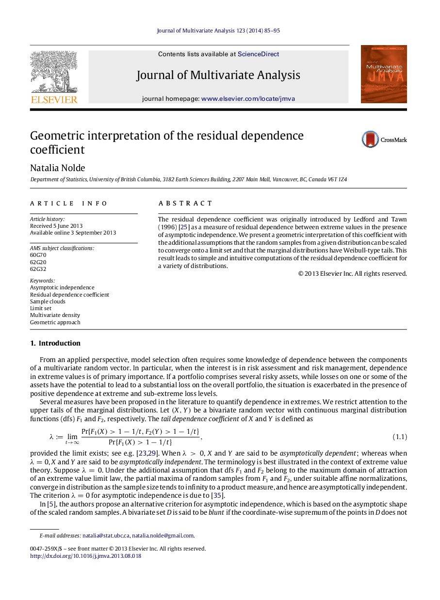 Geometric interpretation of the residual dependence coefficient