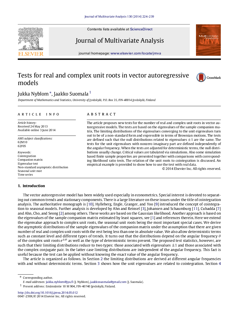 Tests for real and complex unit roots in vector autoregressive models