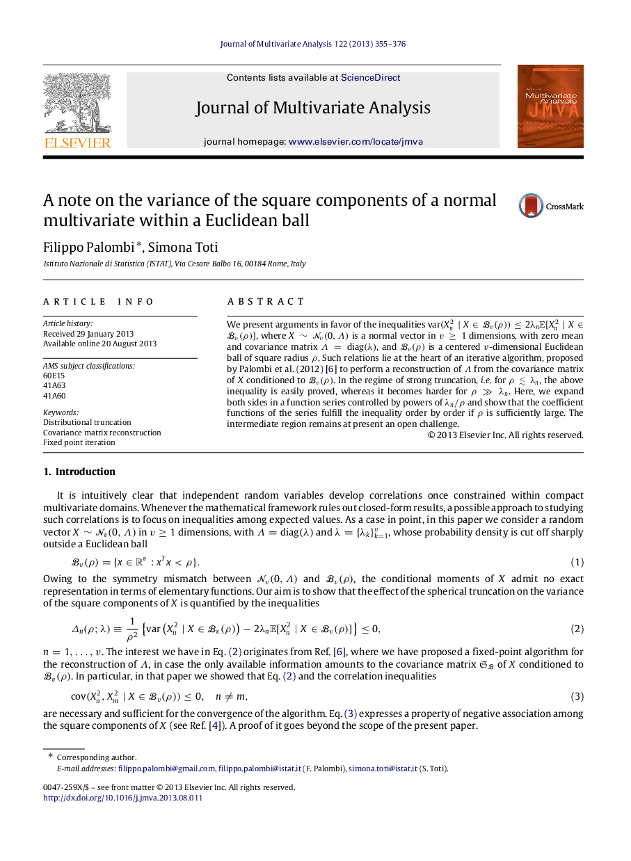 A note on the variance of the square components of a normal multivariate within a Euclidean ball