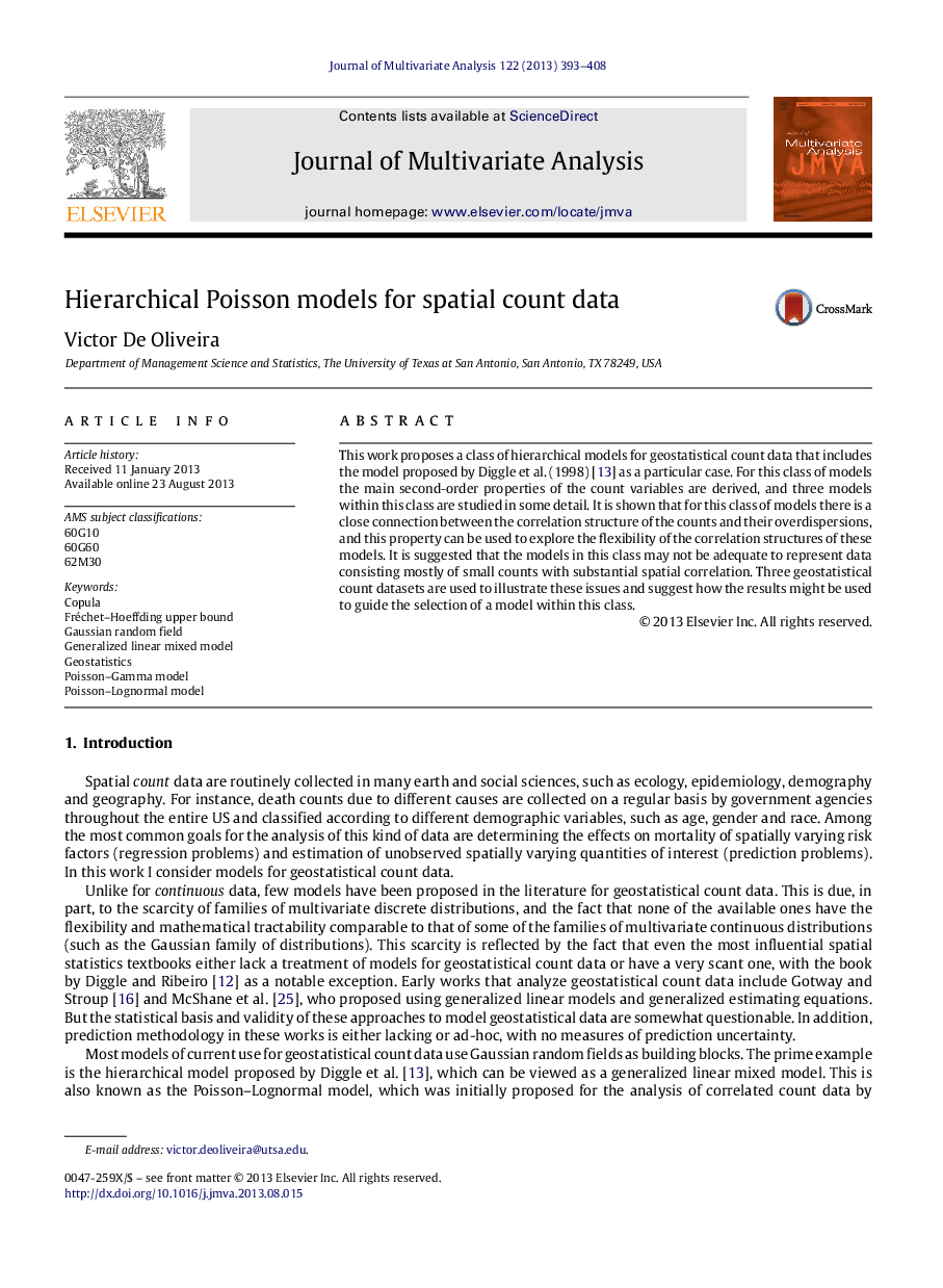 Hierarchical Poisson models for spatial count data