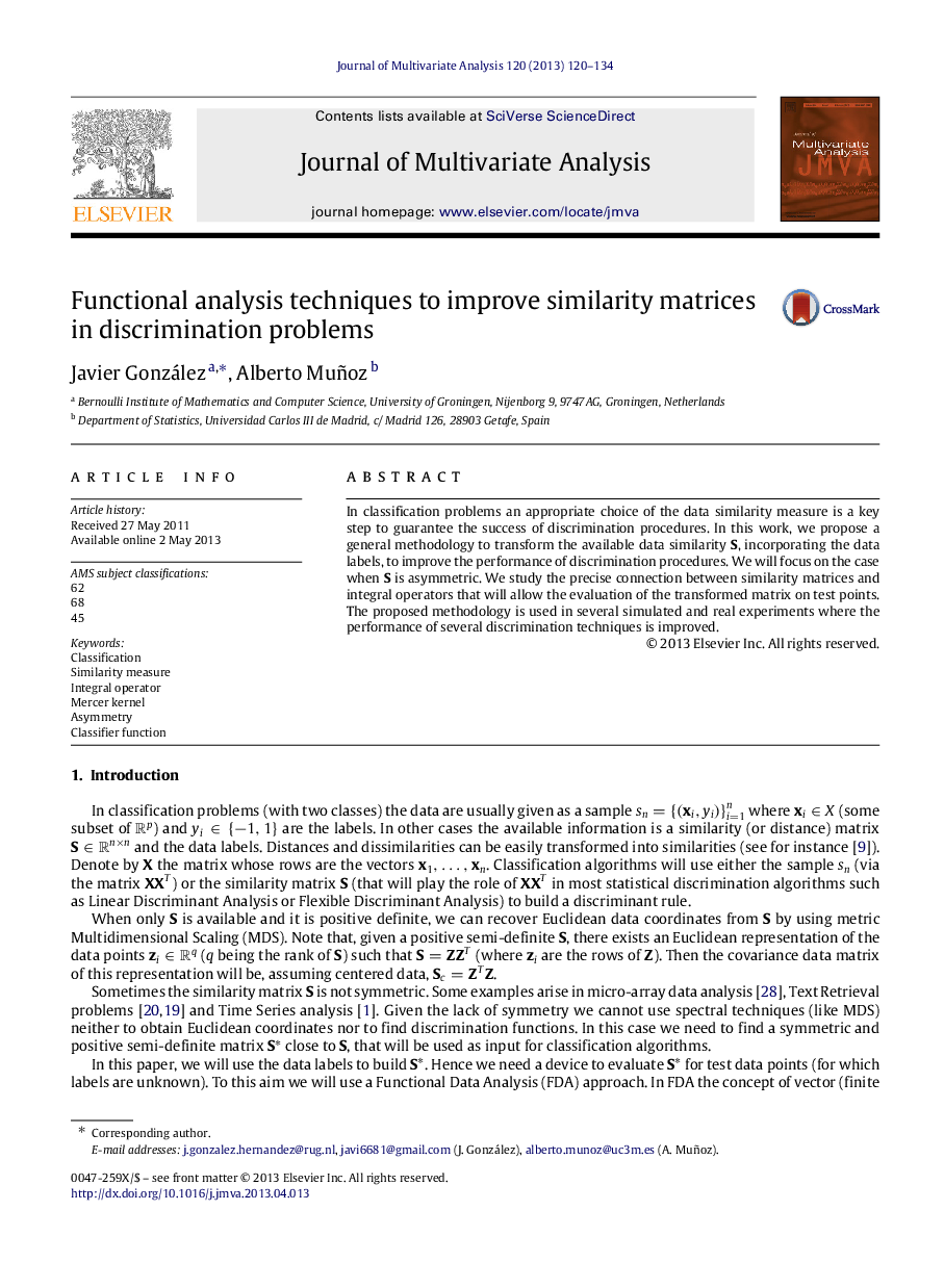 Functional analysis techniques to improve similarity matrices in discrimination problems