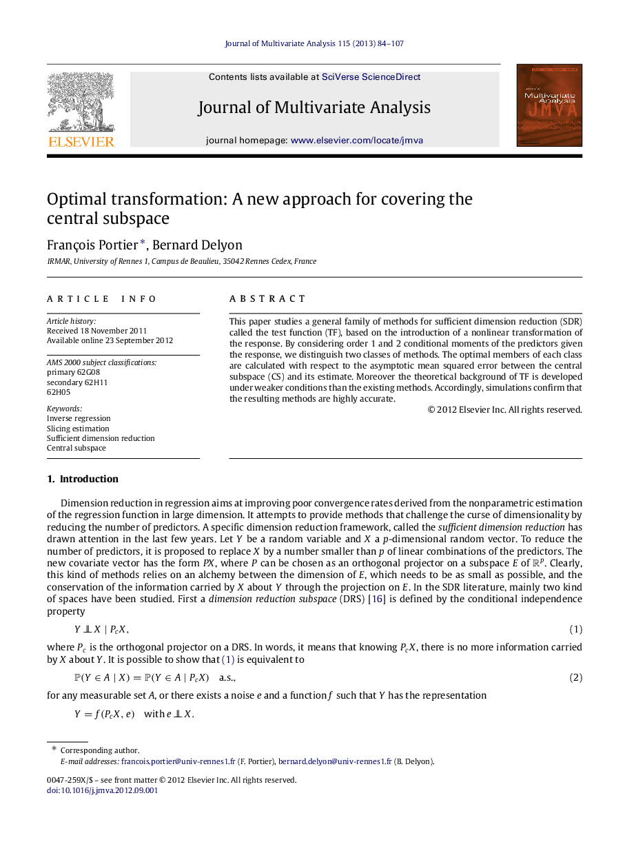 عکس صفحه اول مقاله: Optimal transformation: A new approach for covering the central subspace Optimal transformation: A new approach for covering the central subspace