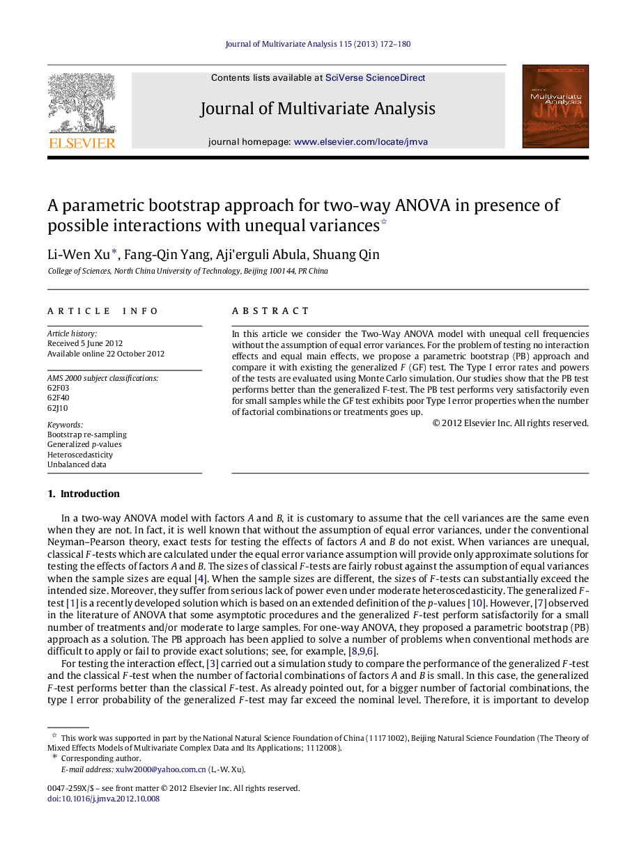 A parametric bootstrap approach for two-way ANOVA in presence of possible interactions with unequal variances 