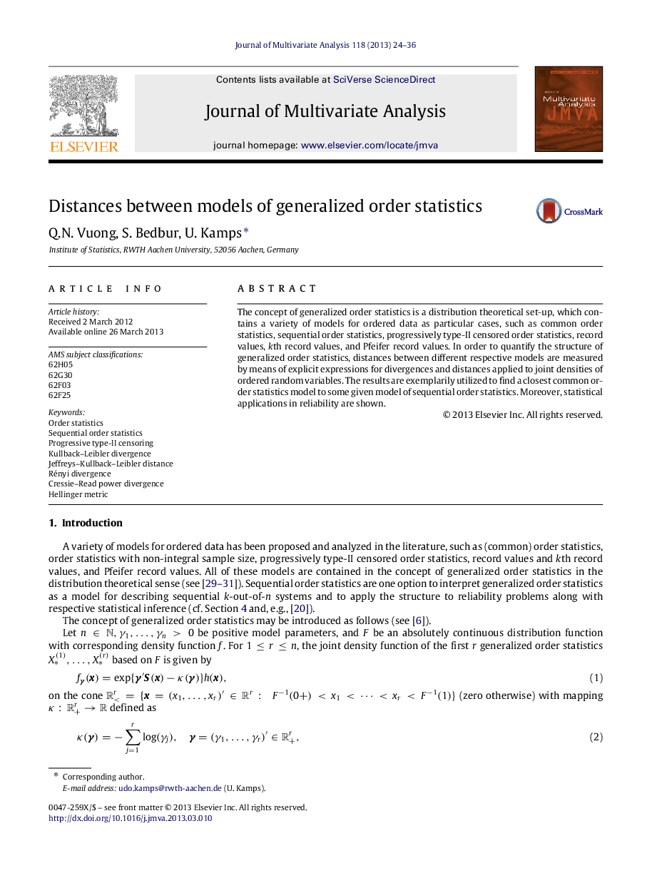 Distances between models of generalized order statistics