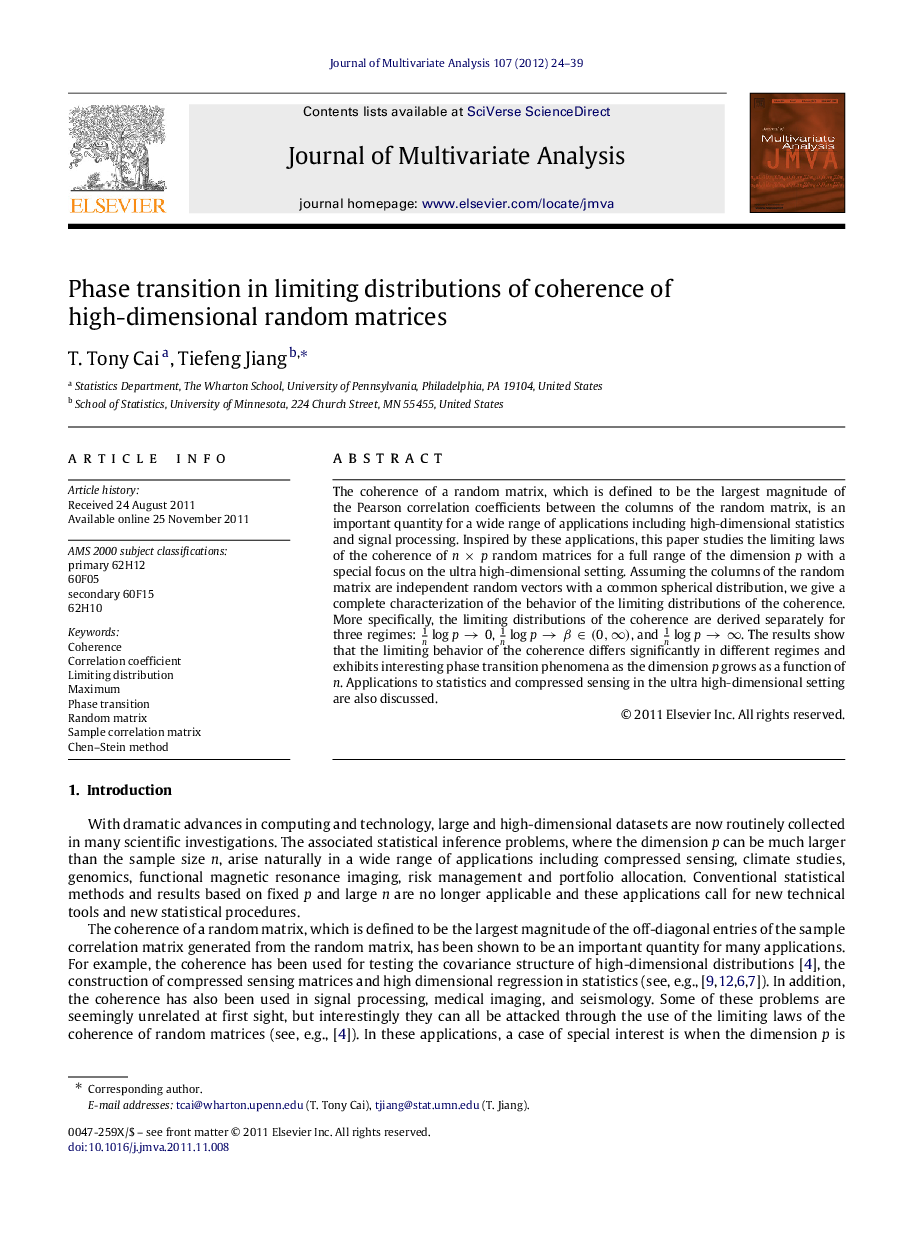 Phase transition in limiting distributions of coherence of high-dimensional random matrices