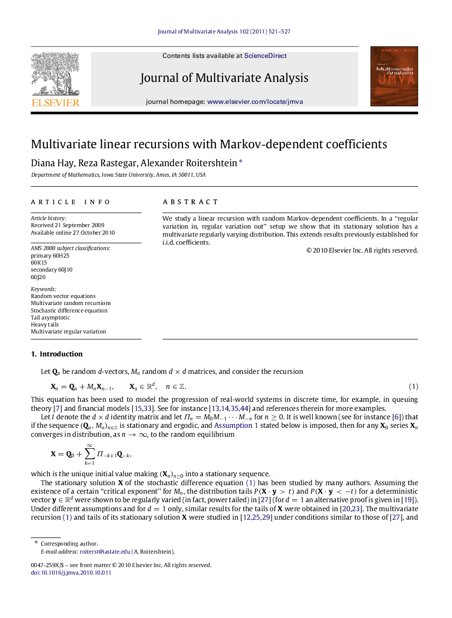 Multivariate linear recursions with Markov-dependent coefficients