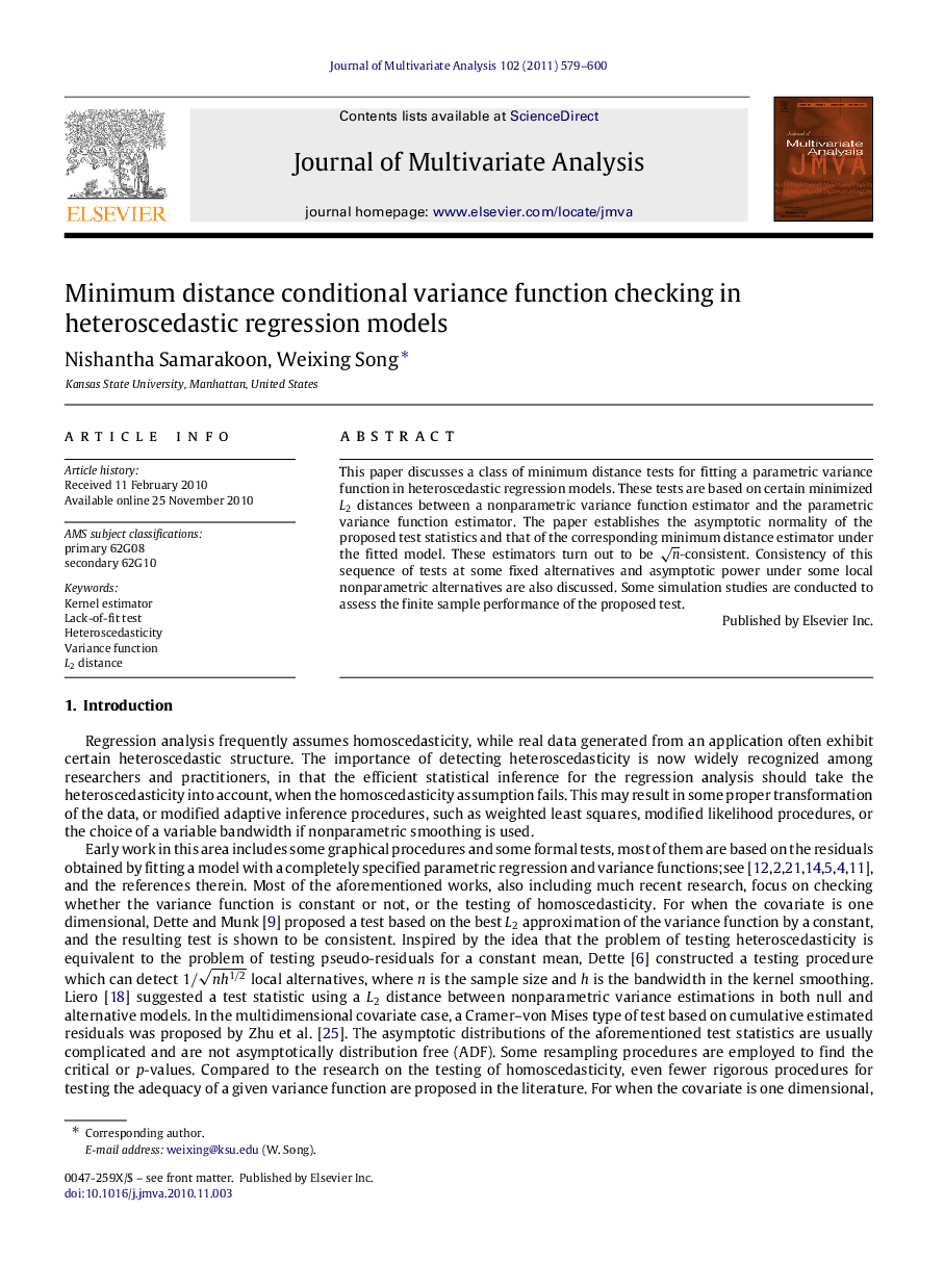 Minimum distance conditional variance function checking in heteroscedastic regression models