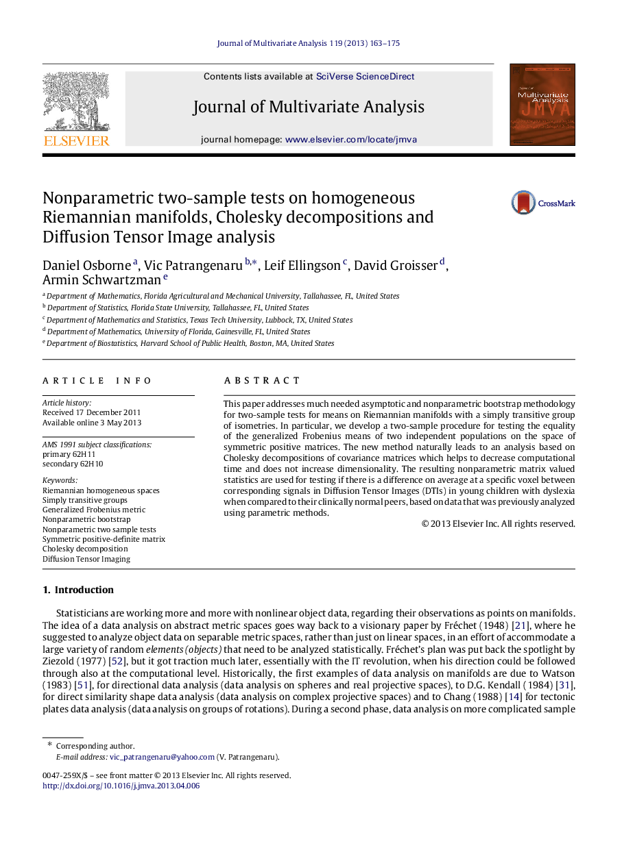 Nonparametric two-sample tests on homogeneous Riemannian manifolds, Cholesky decompositions and Diffusion Tensor Image analysis