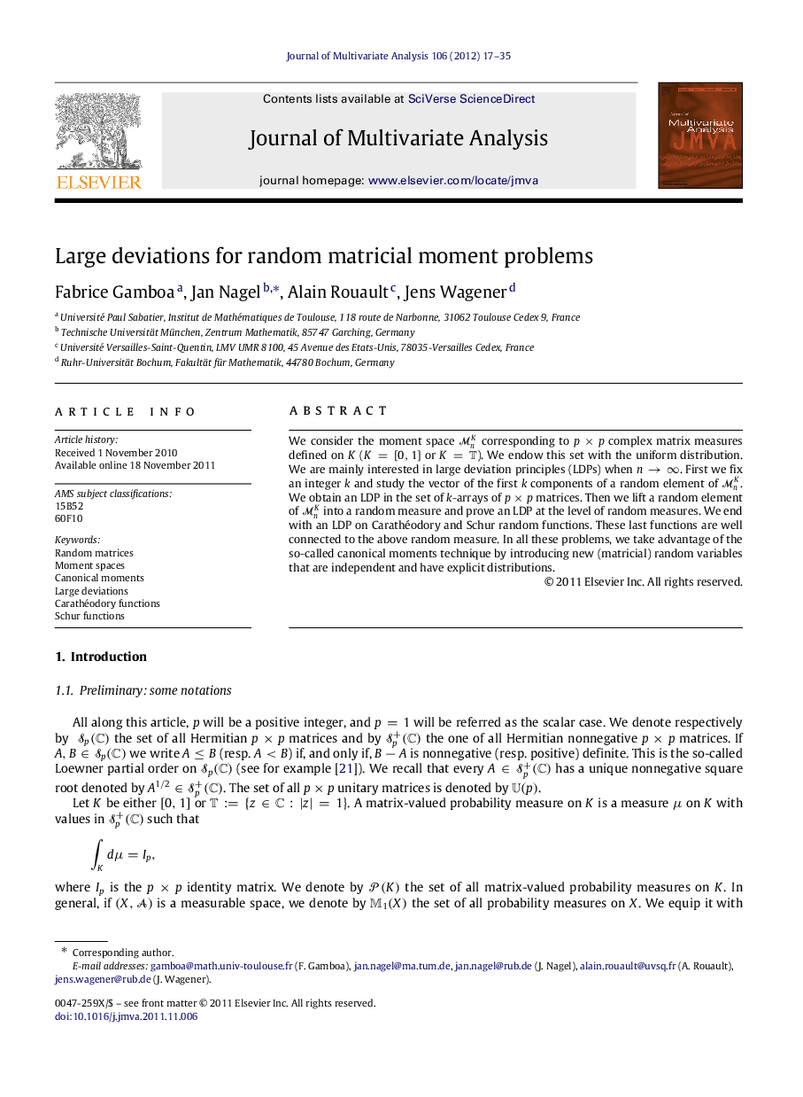 Large deviations for random matricial moment problems