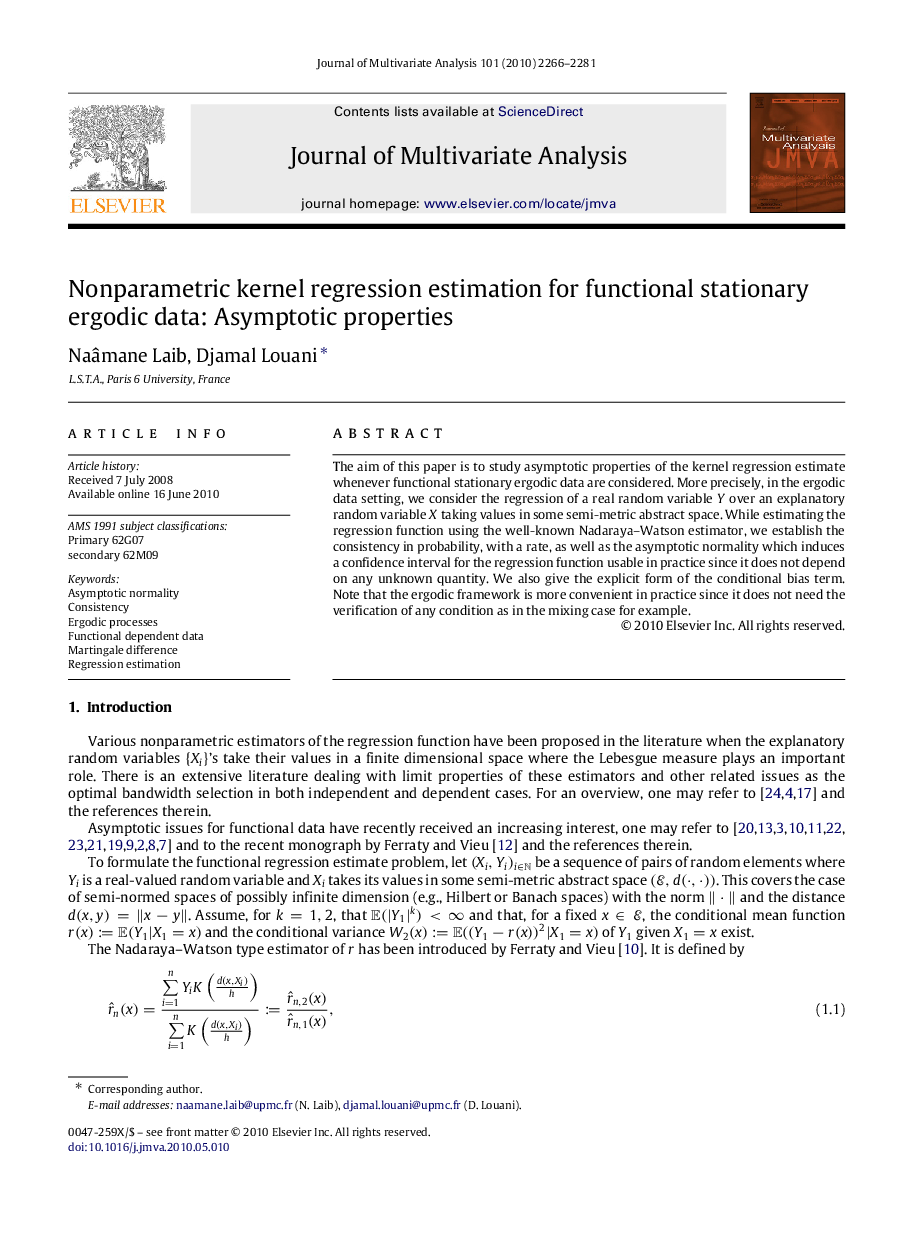 Nonparametric kernel regression estimation for functional stationary ergodic data: Asymptotic properties