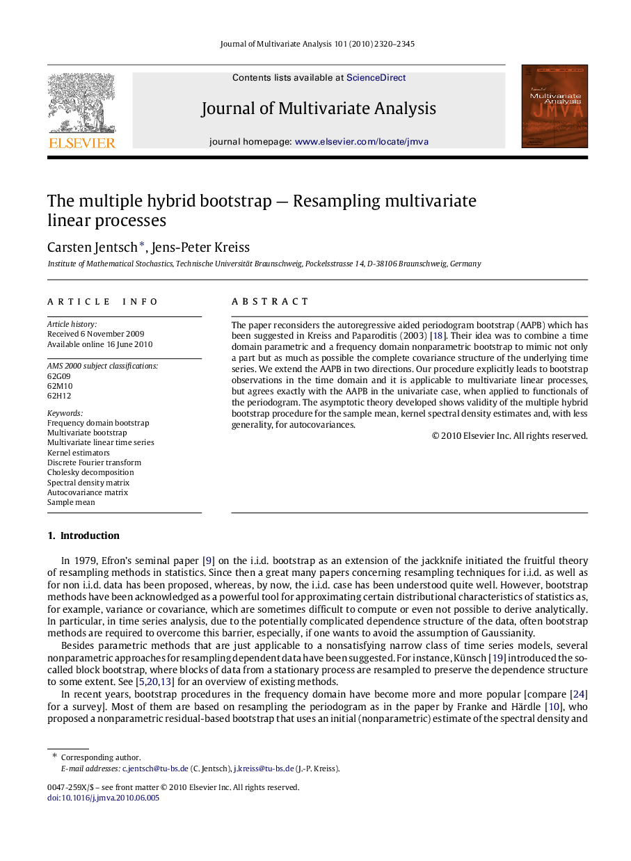 عکس صفحه اول مقاله: The multiple hybrid bootstrap — Resampling multivariate linear processes The multiple hybrid bootstrap — Resampling multivariate linear processes