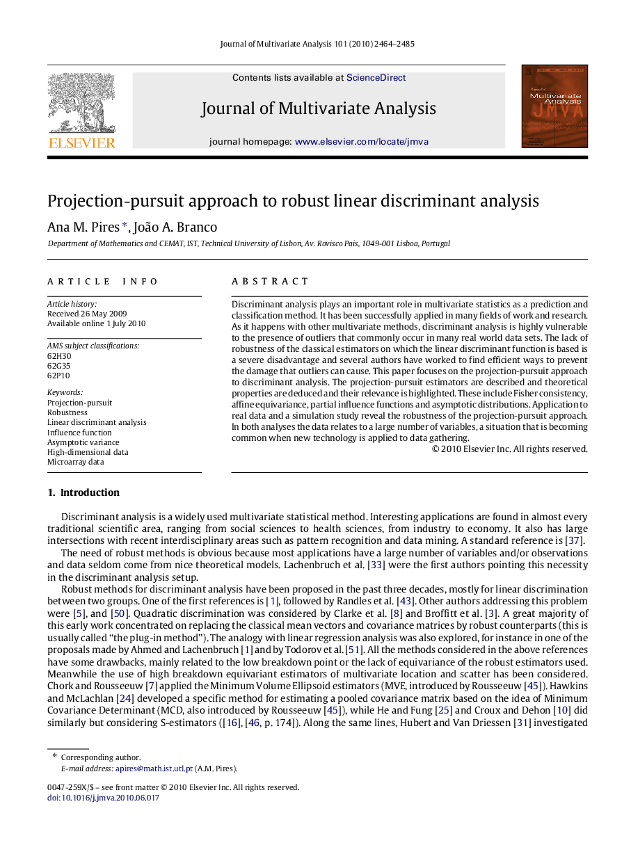 Projection-pursuit approach to robust linear discriminant analysis