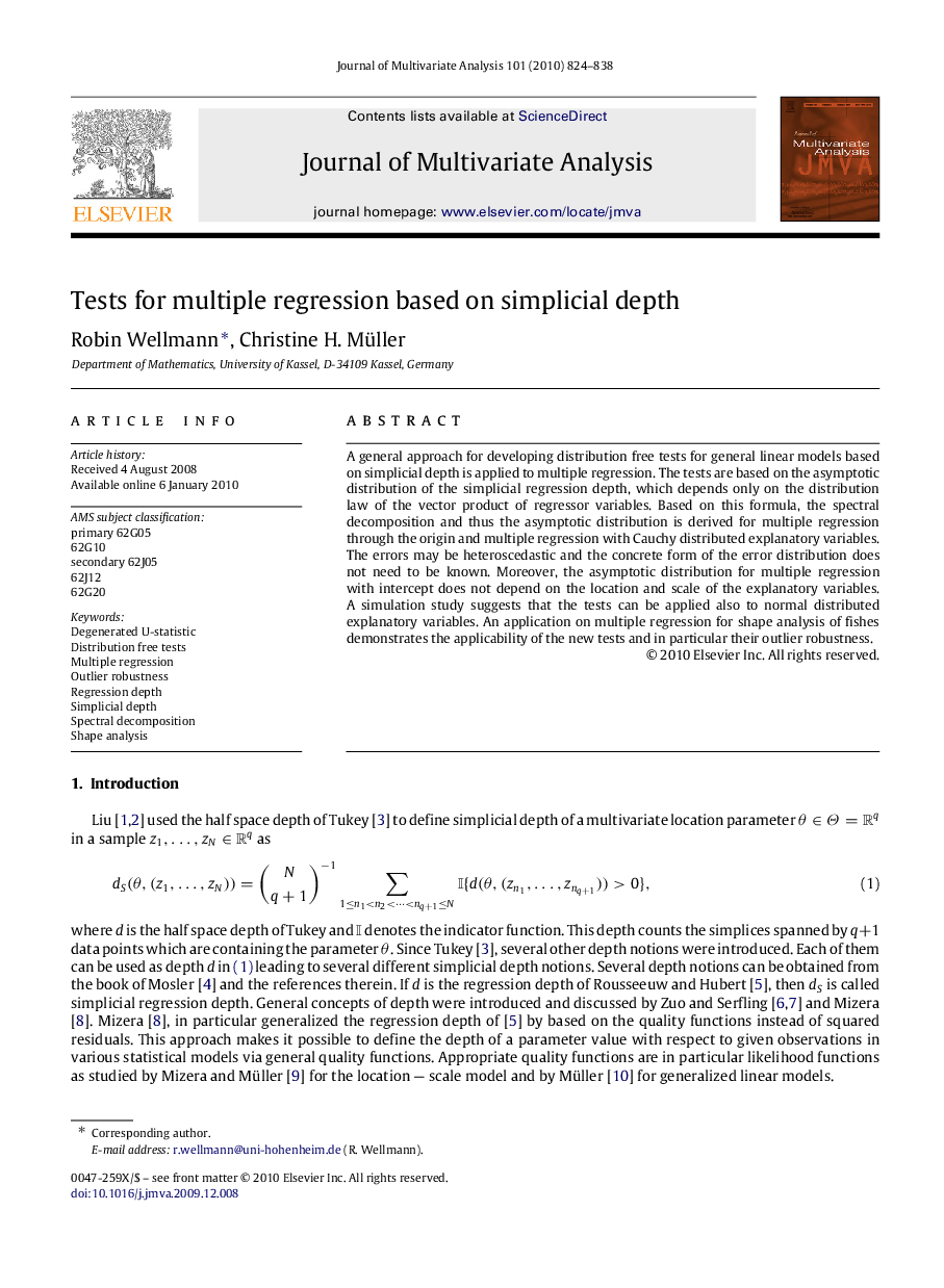 Tests for multiple regression based on simplicial depth