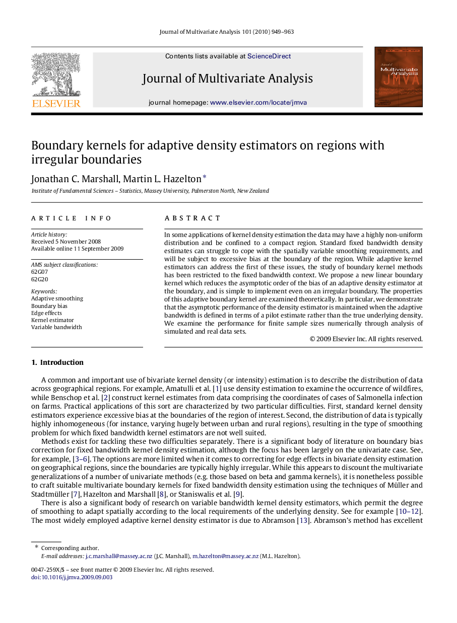 Boundary kernels for adaptive density estimators on regions with irregular boundaries