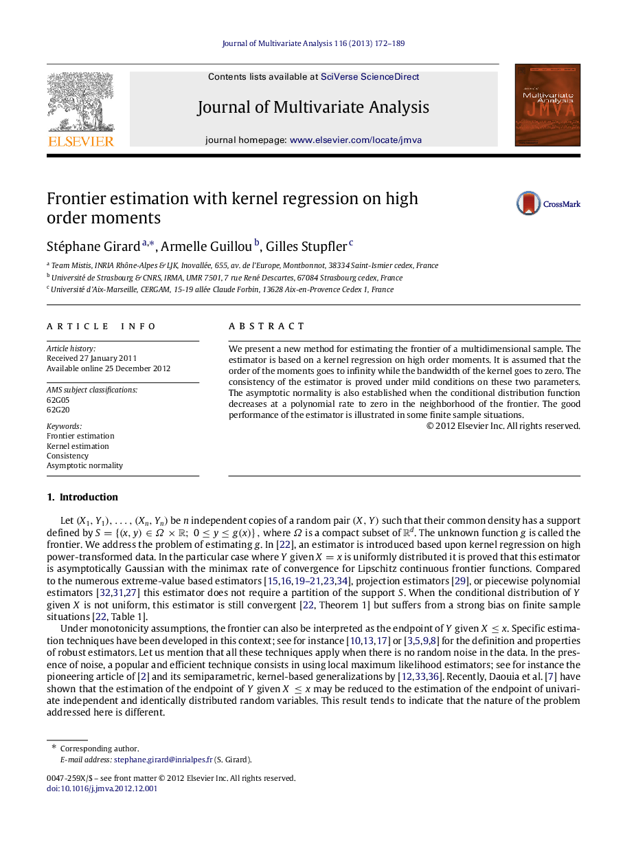 Frontier estimation with kernel regression on high order moments