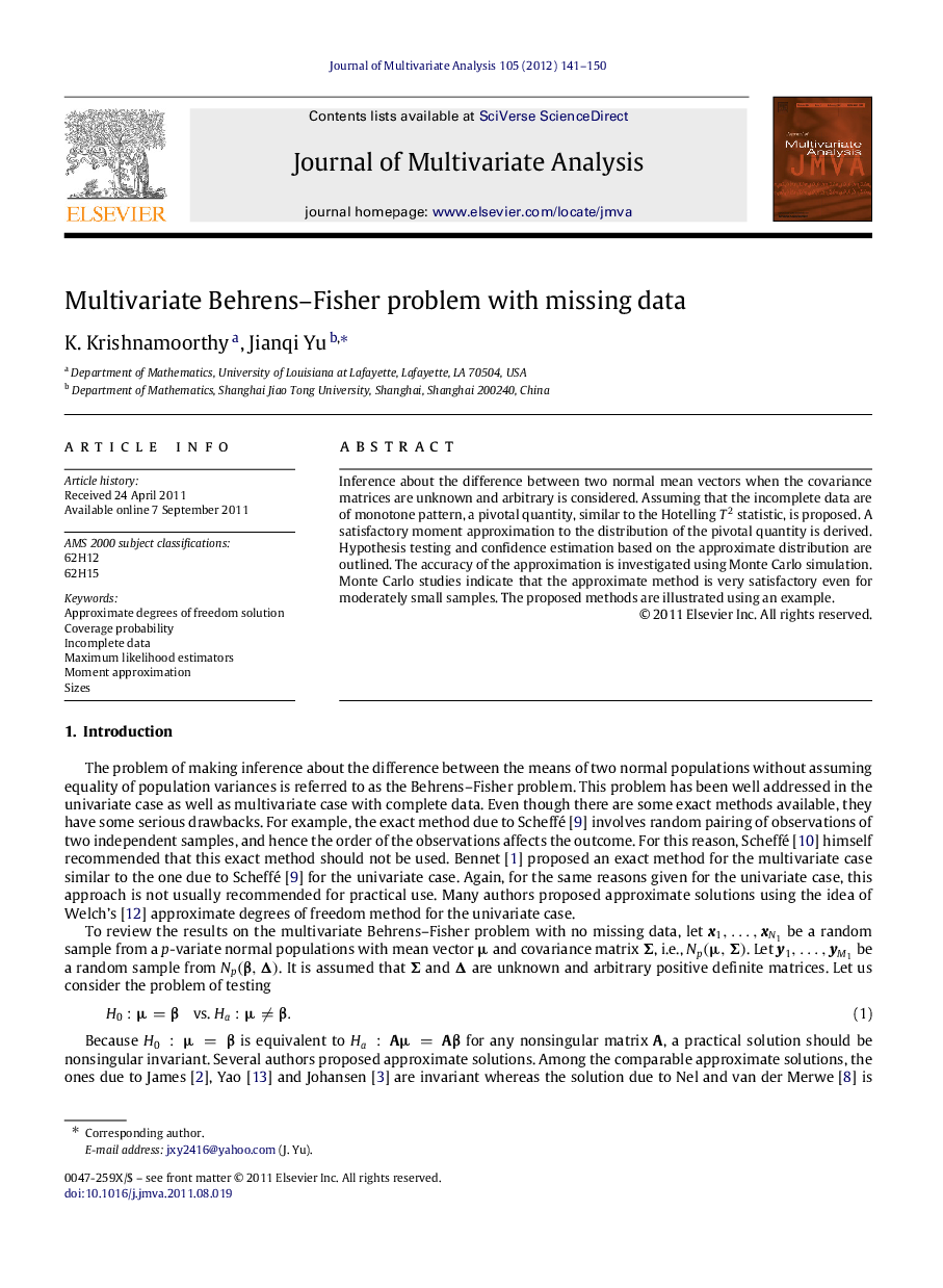 Multivariate Behrens–Fisher problem with missing data