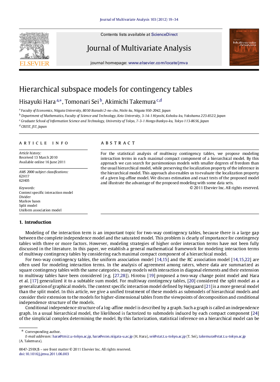 Hierarchical subspace models for contingency tables