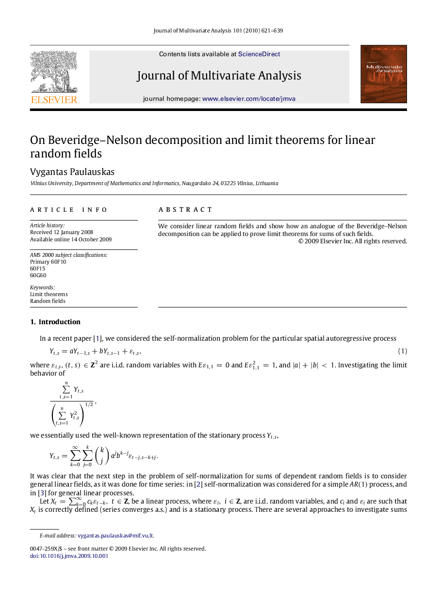 عکس صفحه اول مقاله: On Beveridge–Nelson decomposition and limit theorems for linear random fields On Beveridge–Nelson decomposition and limit theorems for linear random fields
