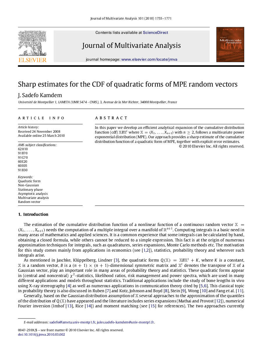 Sharp estimates for the CDF of quadratic forms of MPE random vectors