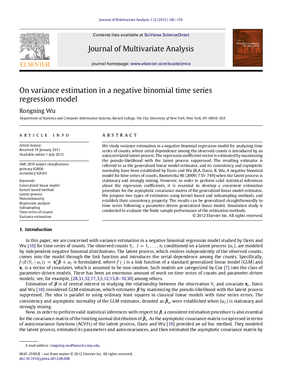 On variance estimation in a negative binomial time series regression model