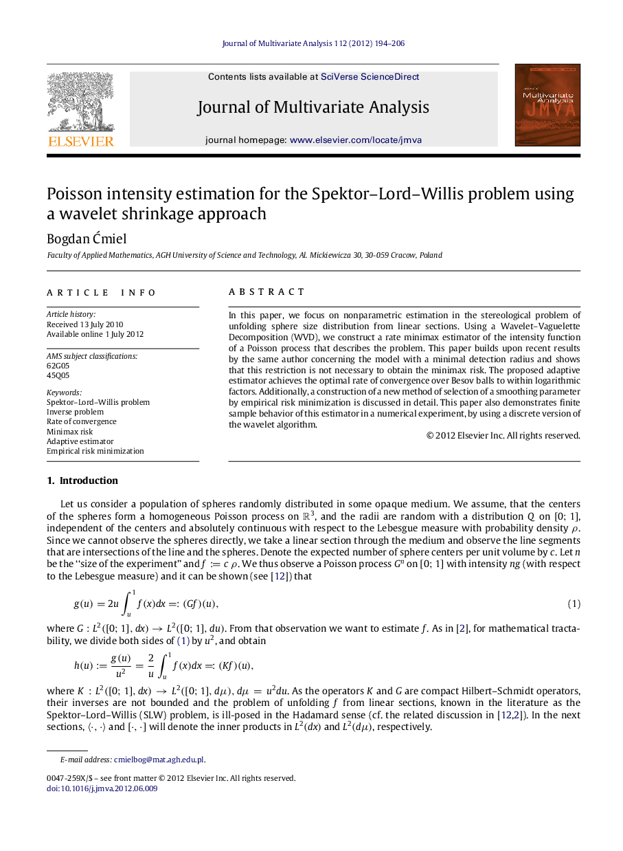 Poisson intensity estimation for the Spektor-Lord-Willis problem using a wavelet shrinkage approach