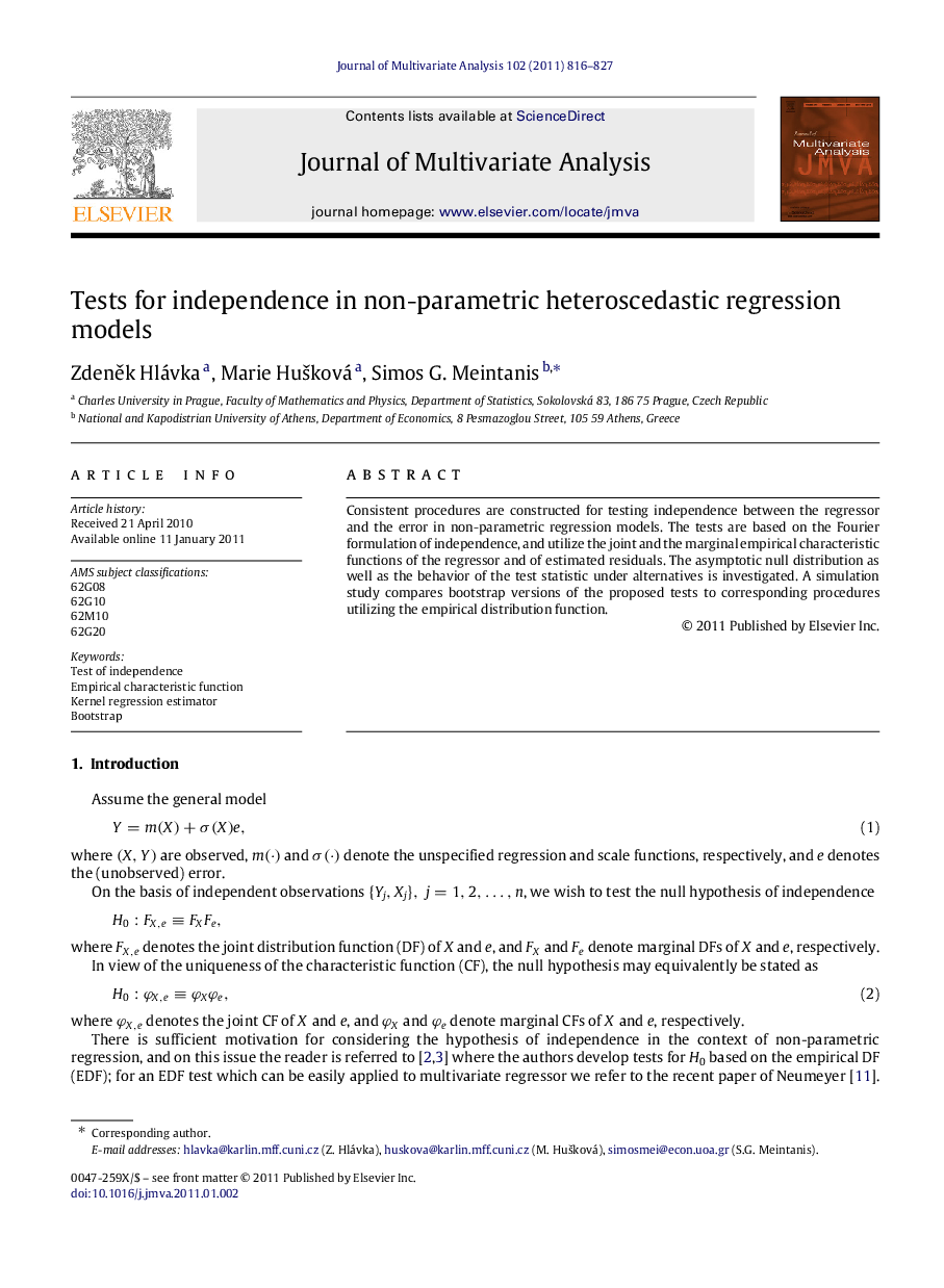 Tests for independence in non-parametric heteroscedastic regression models