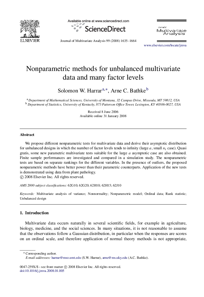 Nonparametric methods for unbalanced multivariate data and many factor levels