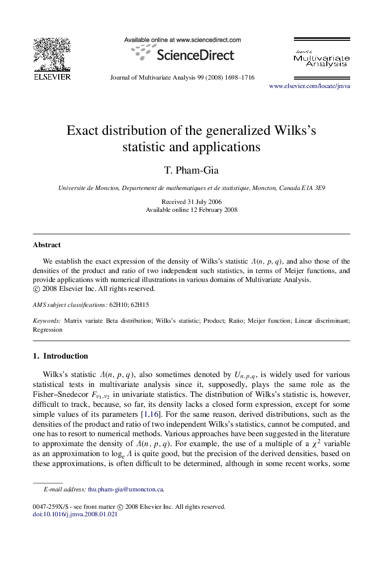 Exact distribution of the generalized Wilks’s statistic and applications