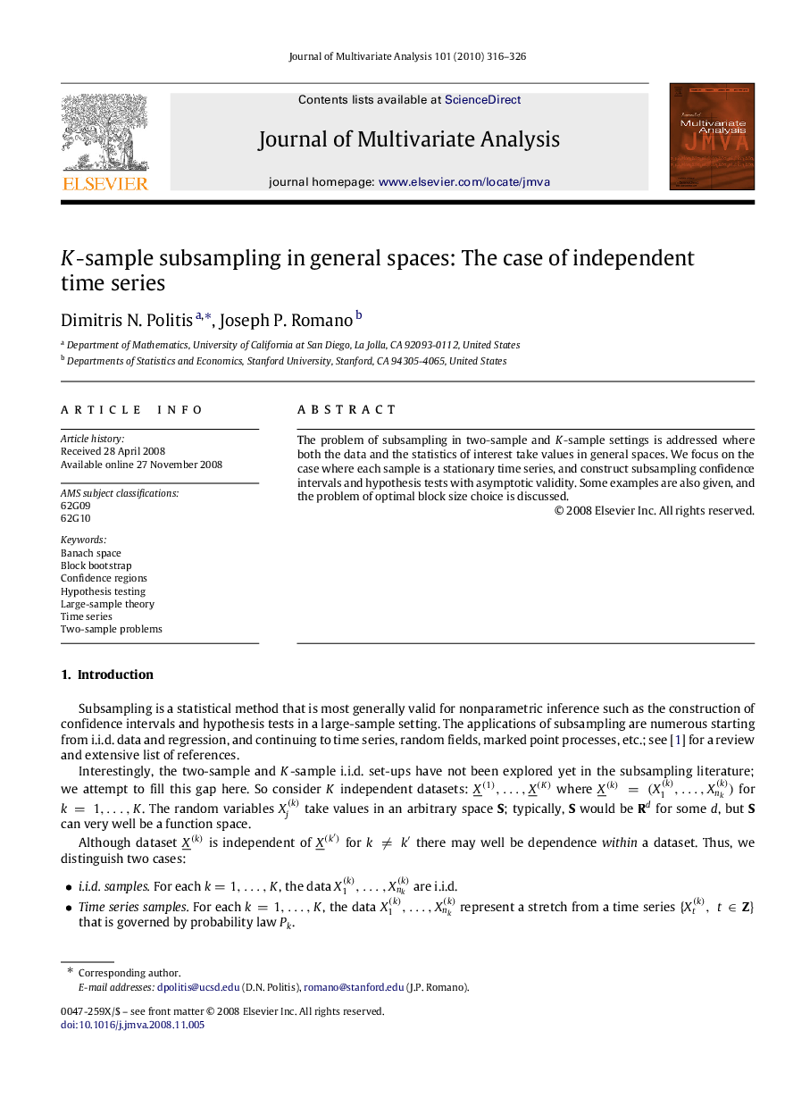 K-sample subsampling in general spaces: The case of independent time series