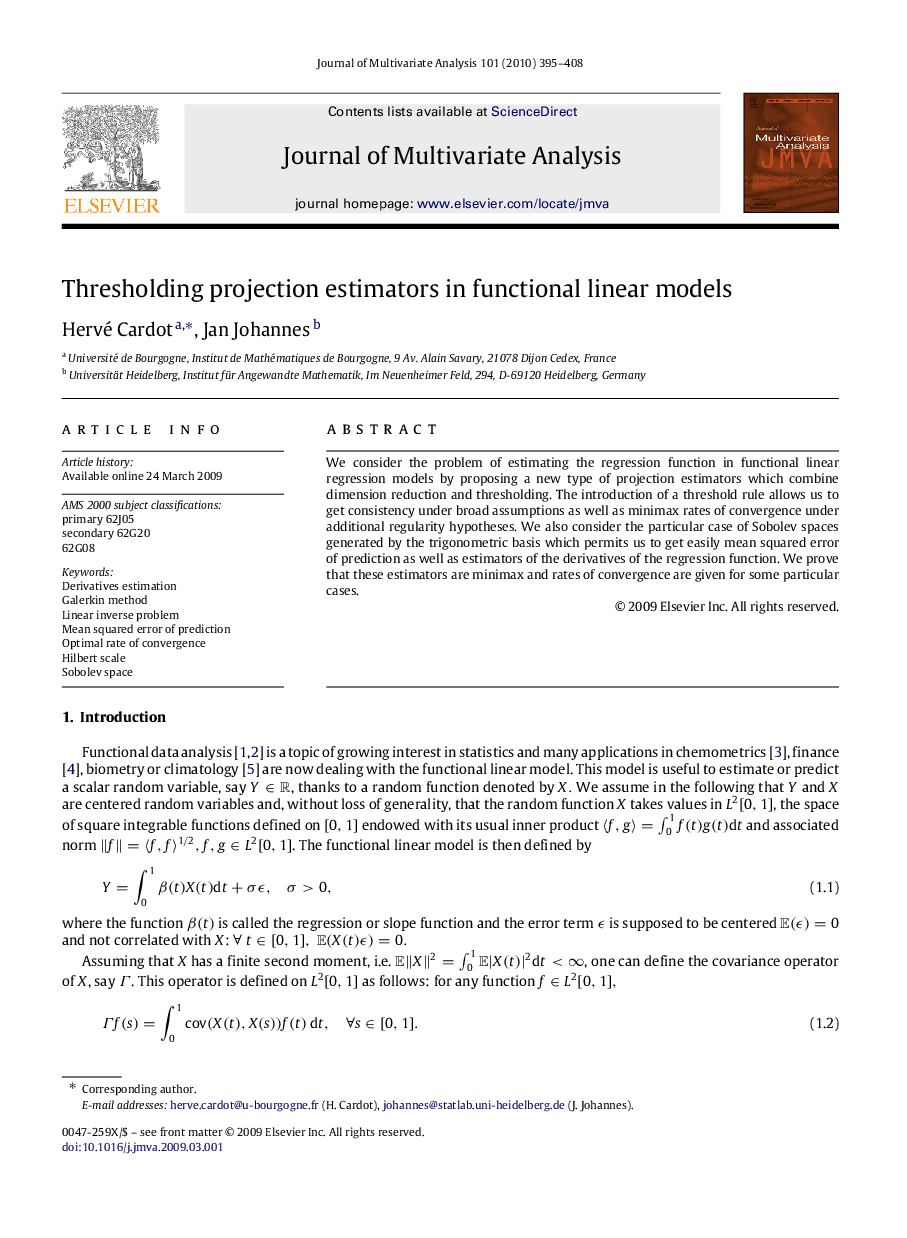 Thresholding projection estimators in functional linear models