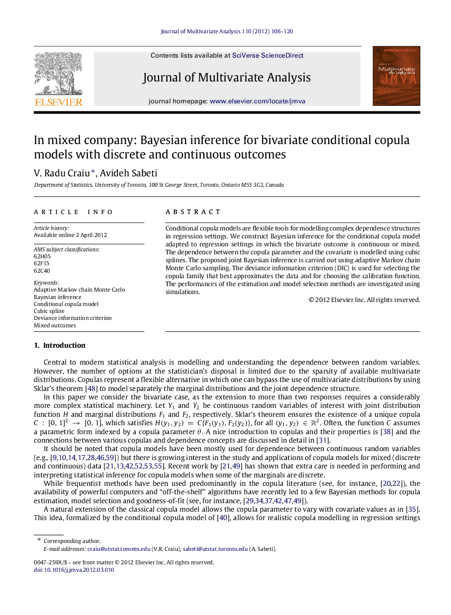 In mixed company: Bayesian inference for bivariate conditional copula models with discrete and continuous outcomes