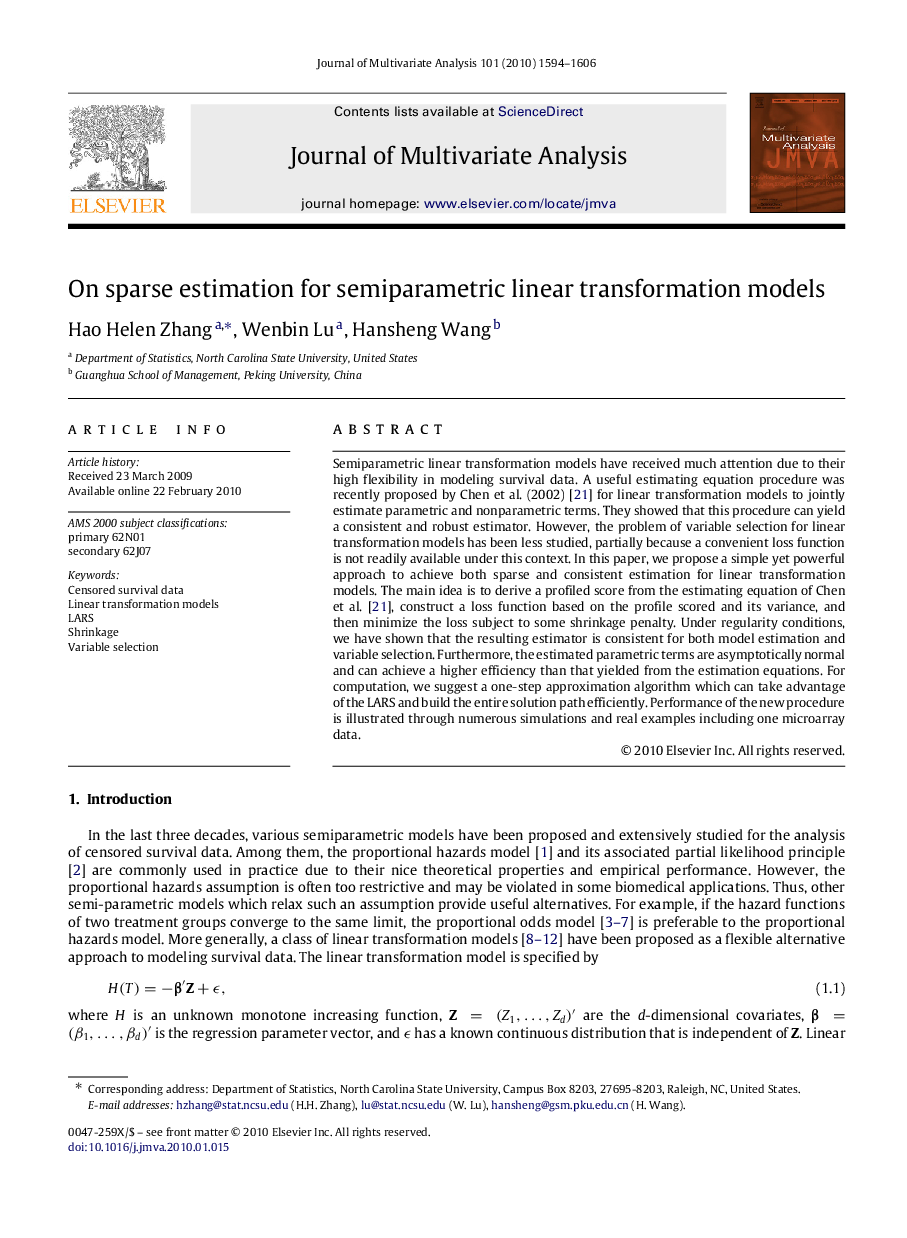 عکس صفحه اول مقاله: On sparse estimation for semiparametric linear transformation models On sparse estimation for semiparametric linear transformation models