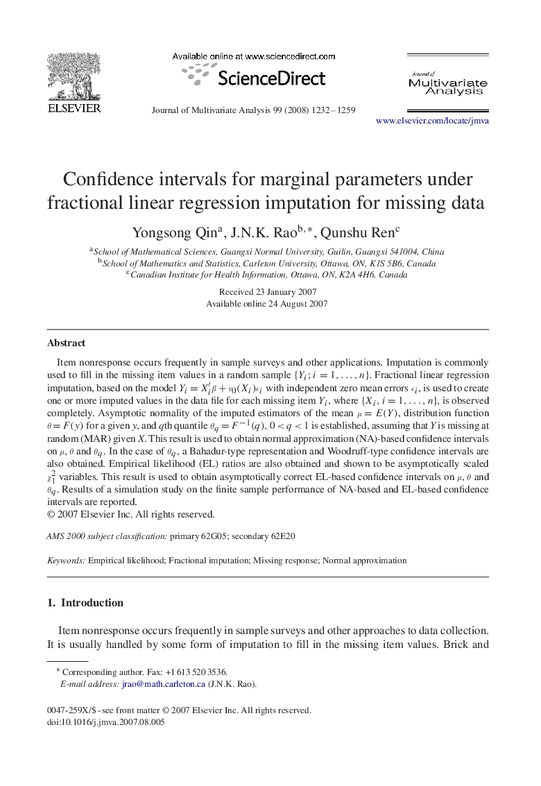 Confidence intervals for marginal parameters under fractional linear regression imputation for missing data