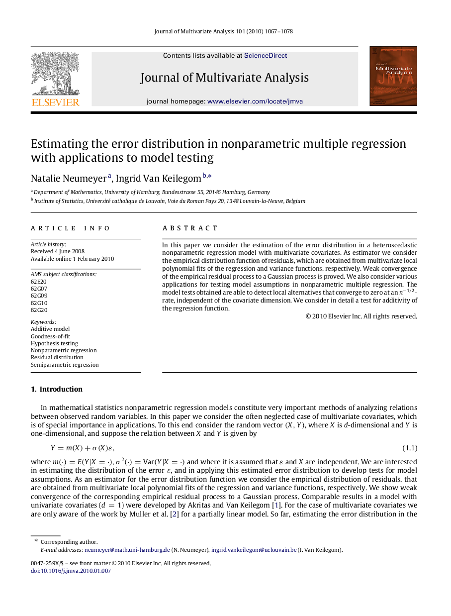 Estimating the error distribution in nonparametric multiple regression with applications to model testing