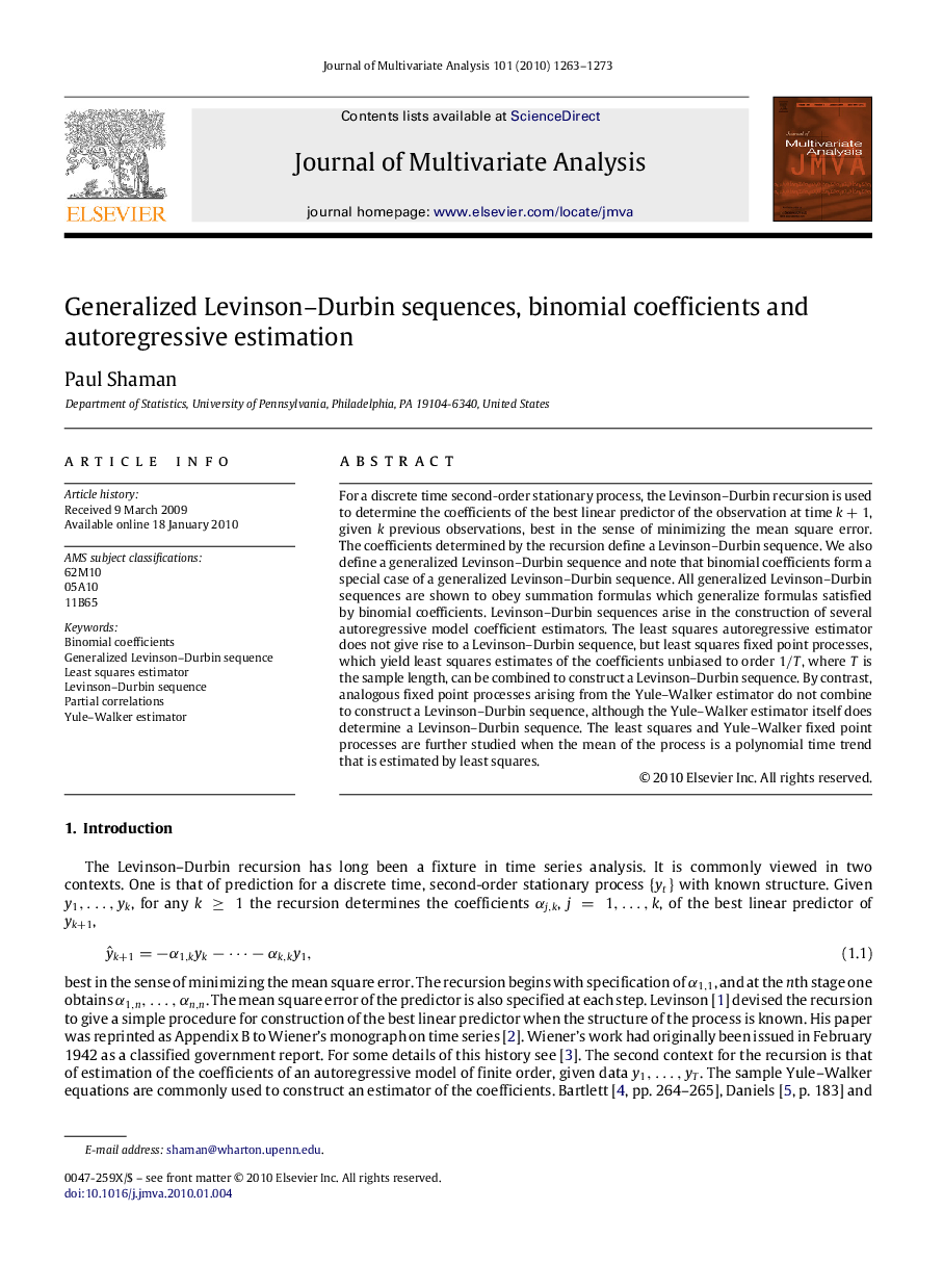 Generalized Levinson–Durbin sequences, binomial coefficients and autoregressive estimation