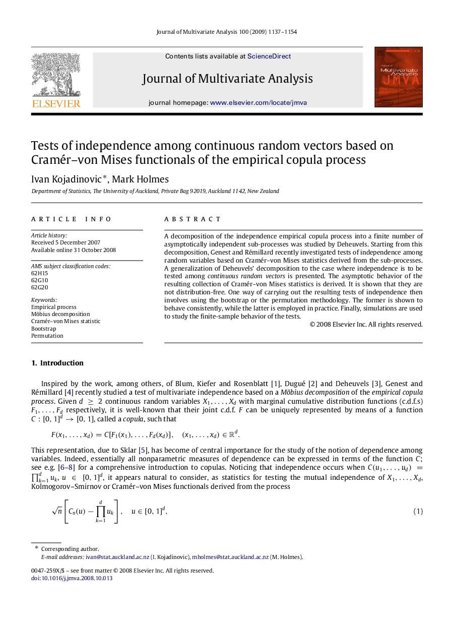 Tests of independence among continuous random vectors based on Cramér–von Mises functionals of the empirical copula process