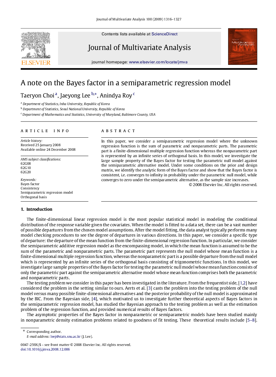 A note on the Bayes factor in a semiparametric regression model