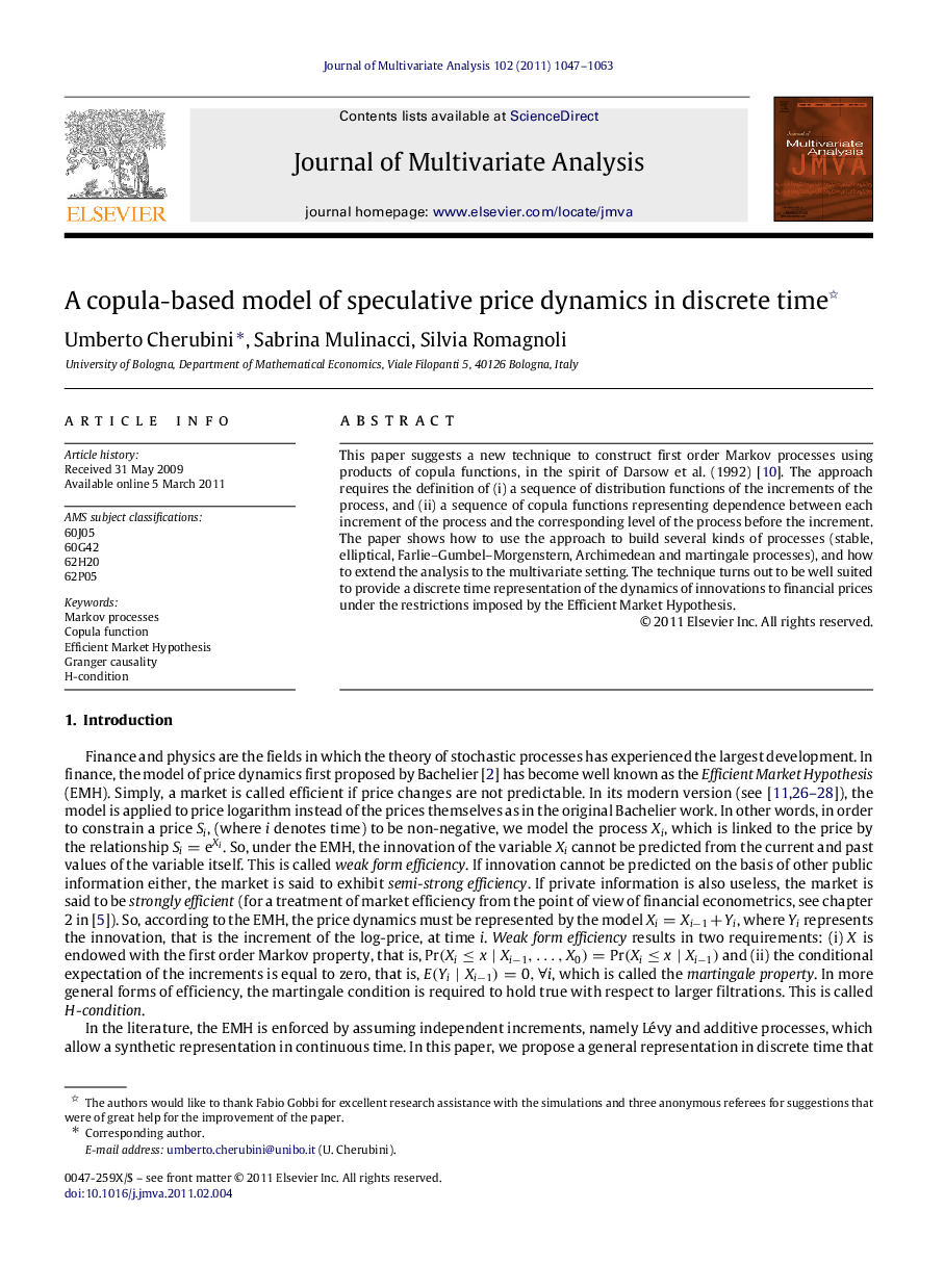 A copula-based model of speculative price dynamics in discrete time 