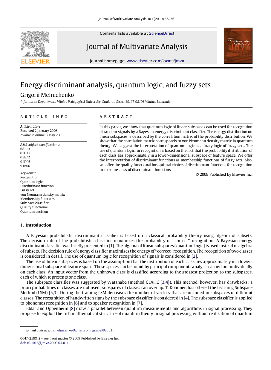 Energy discriminant analysis, quantum logic, and fuzzy sets