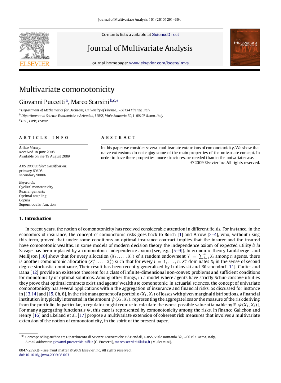 عکس صفحه اول مقاله: Multivariate comonotonicity Multivariate comonotonicity