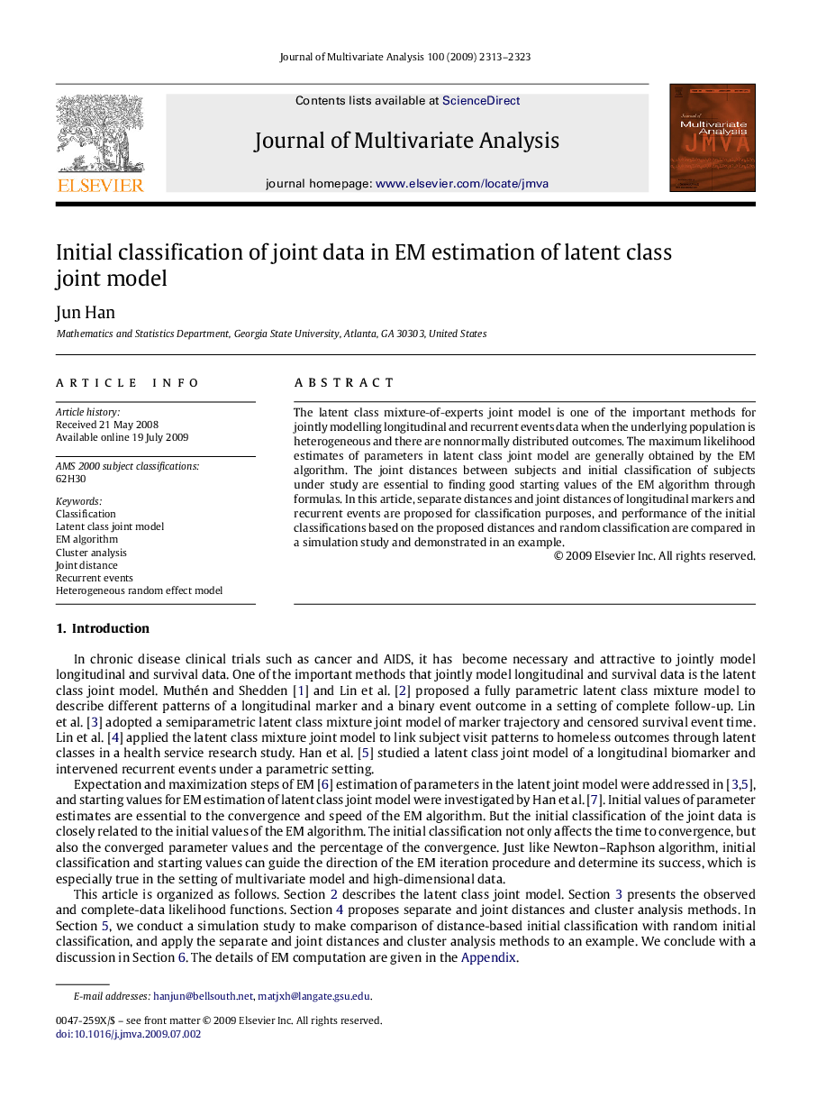 Initial classification of joint data in EM estimation of latent class joint model